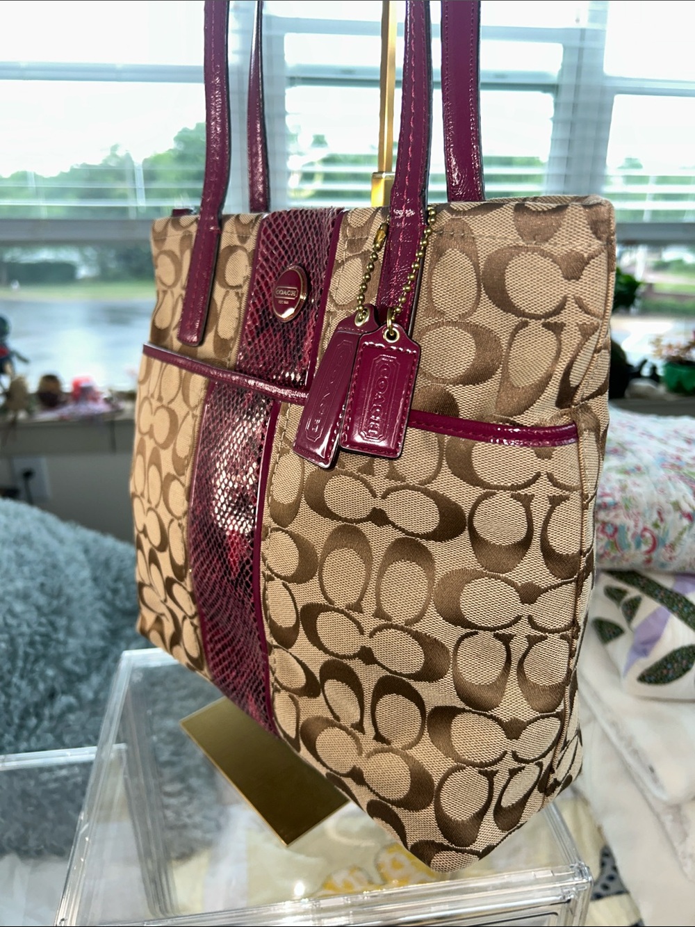 Coach Tan Signature Tote with Plum Patent Python Stripe 10.5”x 3.5”x 10.75” EUC - Picture 4 of 8
